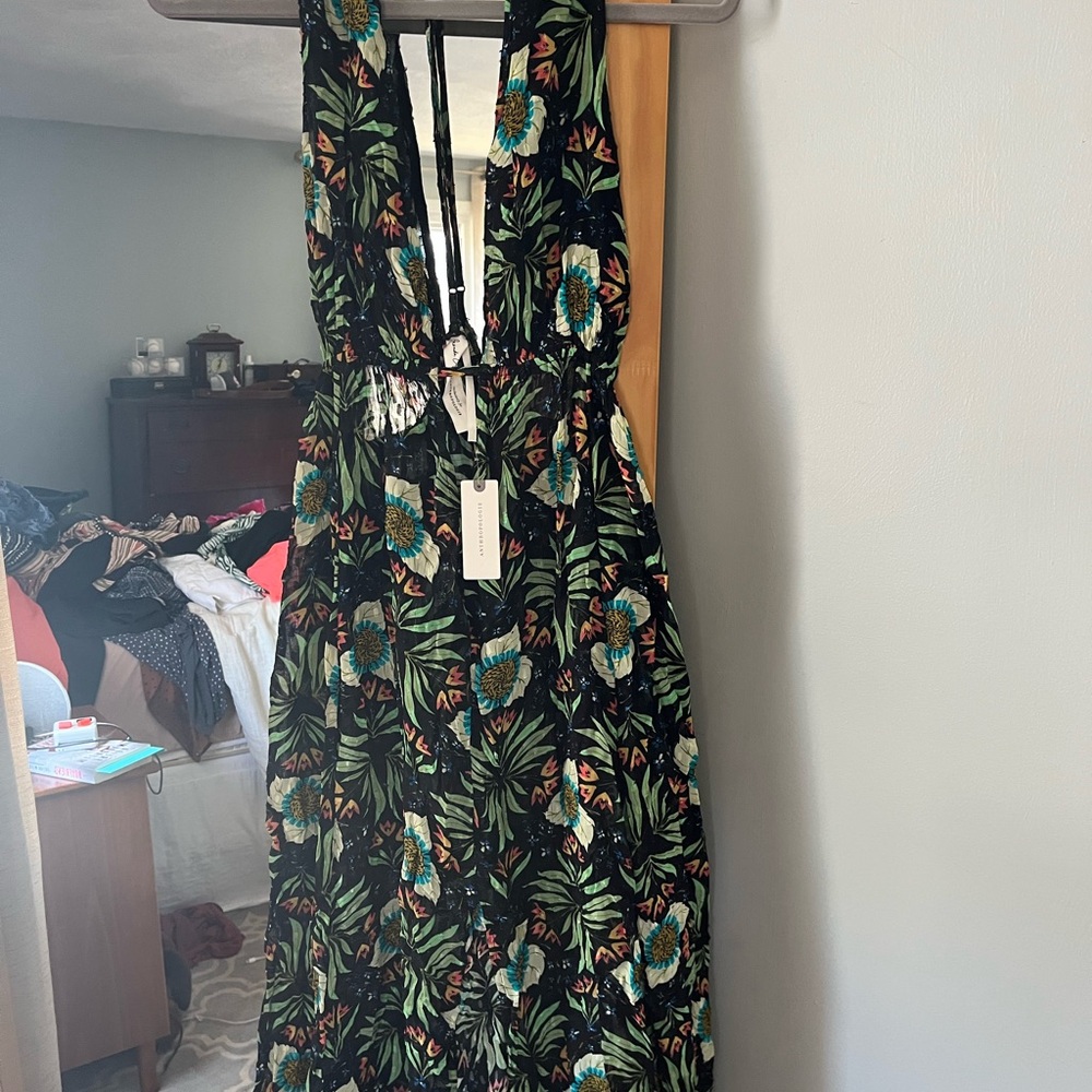Anthropologie Floral Black and Green Women's Dress